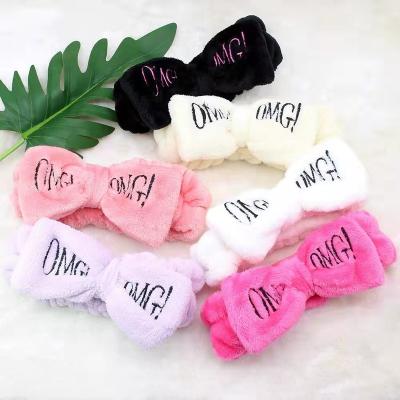 China New Letter Plush Bow Headband Women Embroidered Soft Cute Soft Flannel Wash Colorful Headdress for sale