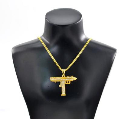 China Punk Inventory Gold Plated Stainless Steel CZ Diamond Chain Pendant Gun Necklace for sale