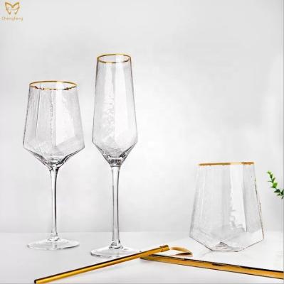 China Japanese restaurants appliances hot sale design hammered stemless wine glass with gold rimmed drinking glass set for sale