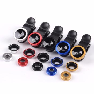 China OEM factory 3 in 1 phone camera lens kit universal clip mobile phone fisheye wide macro lens en venta