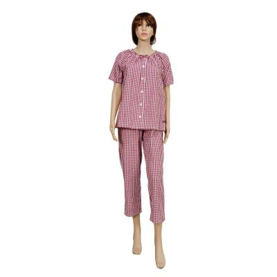 China Breathable Two-Piece Pajamas Half-sleeved Pants 7 Dots Polyester-Cotton Women Yarn-Dyed Plaid Cotton Seersucker Pajamas Set for sale