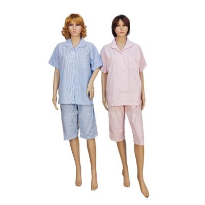 China Breathable Hot Selling Custom Women Nightgowns Thread Dyed Cotton Seersucker Stripe Pajamas Set Women Sleepwear for sale