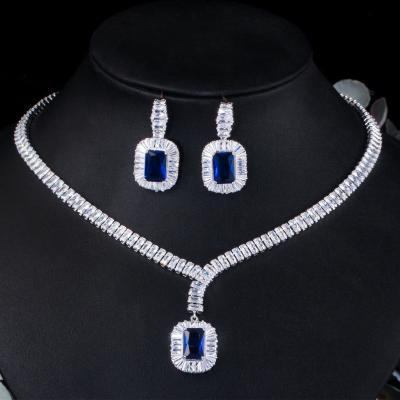 China Vintage Fashion Wedding Dress Jewelry Set Two Color Gemstone Square Sapphire Diamond Jewelry Set for sale