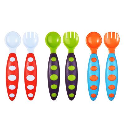 China BPA Free PP Material Toddler Early Learning Bicolourable Easy Handle Baby Feeding Dining Utensil Spoon and Fork Set for Infant for sale