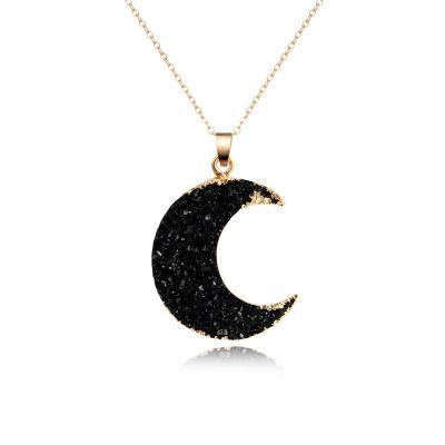 China BOHEMIA Fashion Necklace Natural Druzy Crescent Moon Necklace Rose Quartz Delicate Stone Pendant Necklace for sale