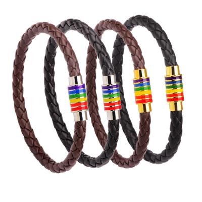 China FASHIONABLE Hand - Woven Copper Magnetic Buckle Fashion Colorful Rainbow PU Leather Wristbands Bracelets For Men for sale