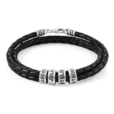 China BOHIME Personalized Men's Black Leather Bracelet Small Custom Bead in Silver - Custom Engraved Christmas Gift for Him, Men, Boyfriend for sale