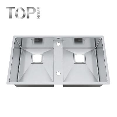 China Without Faucet High Quality Custom Design Commercial Double Bowl Brushed Stainless Steel Sink for sale