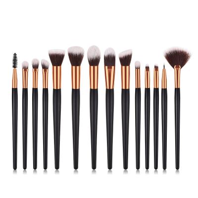 China Angular Blush Beauty 14pcs Tools Wooden Handle Black Gold Loose Powder Fan Shaped Makeup Brushes With PVC Packing for sale