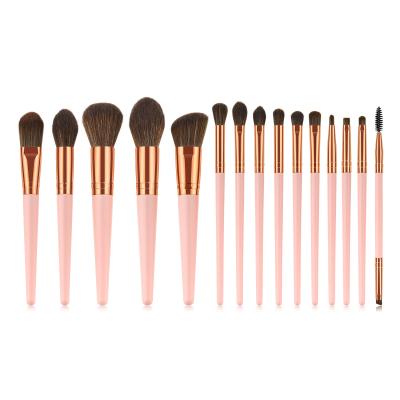 China Angular Blush Eyeshadow Loose Brush Powder 15pcs Handle Rose Gold Wooden Makeup Brush Set for sale