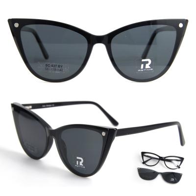 China Hot Selling Fashion Sunglasses Cat Eye Shape Plastic Clip On Frames With Sunlenses for sale