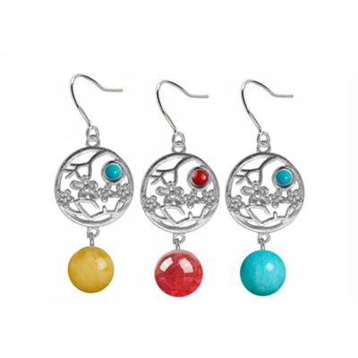 China Natural Peach Blossom Shape 925silver Gemstone Earrings For Women Dangle, Vintage Romantic Peach Blossom Earrings for sale