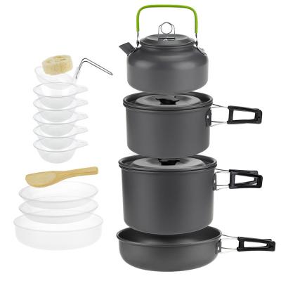 China High Strength Wholesale 4-5 Person Portable Outdoor Camping Cookware Set Pot With Teapot for sale