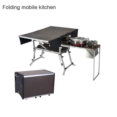 China Outdoor Vehicle Camping Kitchen Folding Mobile Cooking Picnic Table with Gas Stove and Tableware Cookware Set for sale