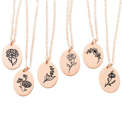 China TRENDY Rose Flower Necklace 14K Gold Plated Stainless Steel Necklaces for Men Women Engraved Lotus Plant Steel Chain Oval Scarves for sale