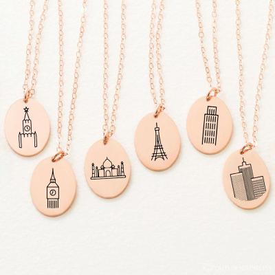 China CLASSIC Travel Theme Symbols Meaningful Necklace Gifts Design Engraved Oval Charm Dangle Stainless Steel Pendant Gold Plated Necklace for sale