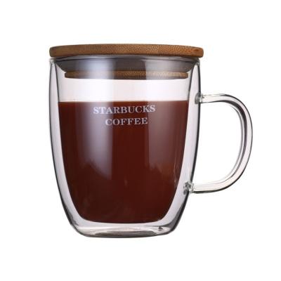 China Sustainable Custom Borosilicate Glass Printing Coffee/Tea/Juice Mug Double Wall With Handle And Lid for sale