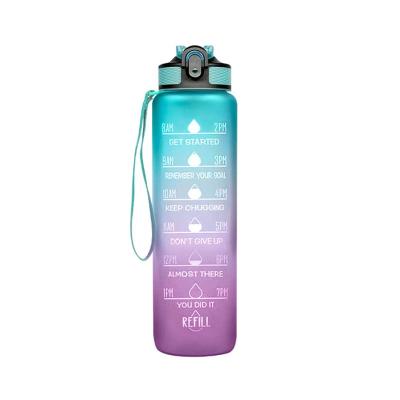 China Sustainable 1000ml Frosted Plastic Flip Top Gradient Color Motivational Sport Water Bottle With Straw for sale