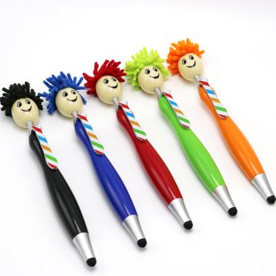 China office & School Pen Funny Figure With Link Cartoon Doll Head With Hair Broom Top Stylus Plastic Ballpoint Pen for sale