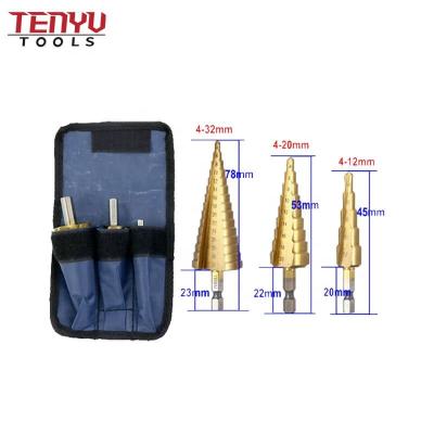 China Hot 3pcs Steel Jiangsu Danyang Hss Factory Amazon Sale Spiral Tungsten Carbide Step Drill Bits Titanium Stepped Taper Drill Bit Set for sale