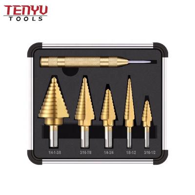 China 6Pcs Metal Drilling Broca Escalonada Hex Shank Spiral Flutes Titanium Drill Bits HSS Step Steppers Set For Multiple Hole Steel Metal Cutter for sale