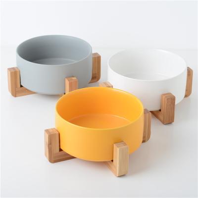 China Wholesale Sustainable Wooden Support Pet Ceramic Water Bowls Cat Feeder Dog Food Bowls for sale