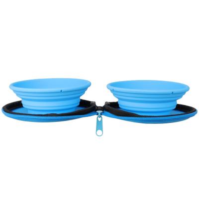 China Travel Sustainable Outdoor Silicone Collapsible Dog Food Bowls Set Double Collapsible Collapsible Pet Water Bowls for sale