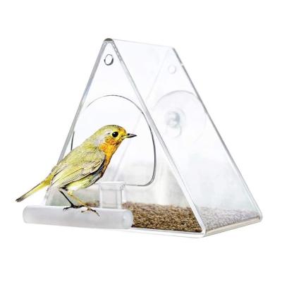 China Viable Transparent Acrylic Pet Driver Box Triangle Shaped Wild Bird Pet Hanging Feeder for sale