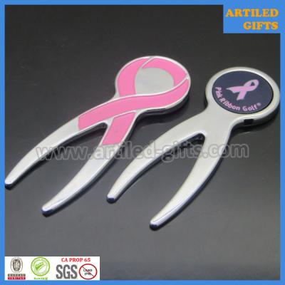 China Promotional gifts magnetic pink ribbon golf logo metal divot repair tool for sale