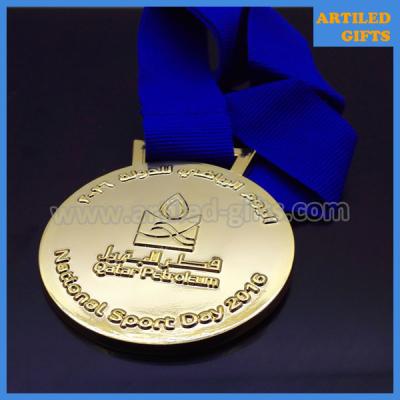 China Die cut embossed Qatar Petroleum National Sport Day gold medal with lanyard for sale