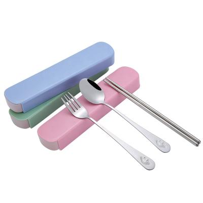 China Viable Student Stainless Steel Tableware 3pcs Set Portable Kids Fork Spoon Chopsticks Travel Set LOGO With Candy Color Box for sale