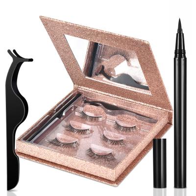 China Gorgeous Best Three 3D Private Label Waterproof False Silk Magnetic Eyelashes Lashes Eyeliner With Tweezers for sale