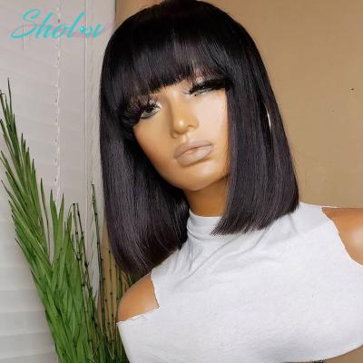 China Wholesale Bob Lace Front Human Hair Silky Straight Wave Sholov Shortcut Base Human Hair Wigs With Bangs, Bangs Brazilian Straight Bob Wig Human Hair for sale