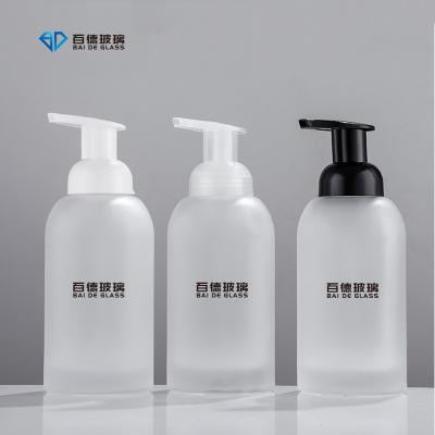 China Personal Care Thick Bottom Clear 350ml Round Hand Wash Foaming Pump Glass Bottle 250ml With Plastic Pump Refillable Liquid Hand Soap Dispenser for sale