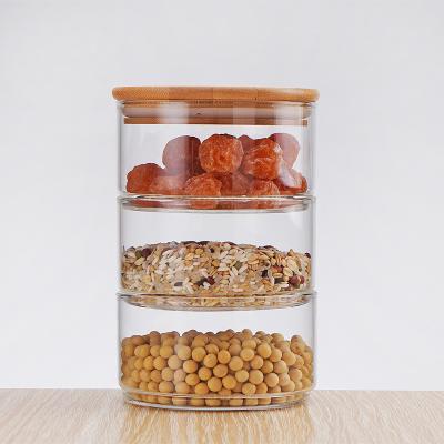 China Freshness Preservation 14oz 400ml High Quality Round Stackable Multi-functional Borosilicate Glass Food Storage Boxs Jars with Bamboo Lids for sale