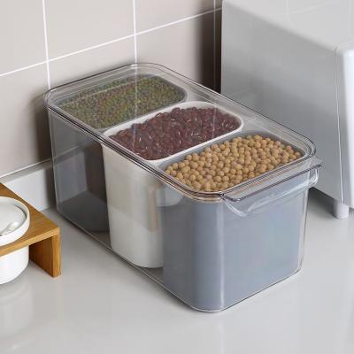 China Creative Freshness Storage Chamber PET Refrigerator Grain Dried Food Containers 3 Compartment Plastic kichen Cereal Storage Organizer for sale