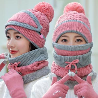 China Medium Plush Thickened Touch Screen Gloves Fleece Winter 4pcs Set Striped Pom Pom Beanie Gloves Scarf Hat Recycling for sale