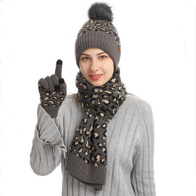 China Women Winter Medium Warm Acrylic Thick Beanies Knitted Scarf Hat Touch Screen Gloves Set for sale