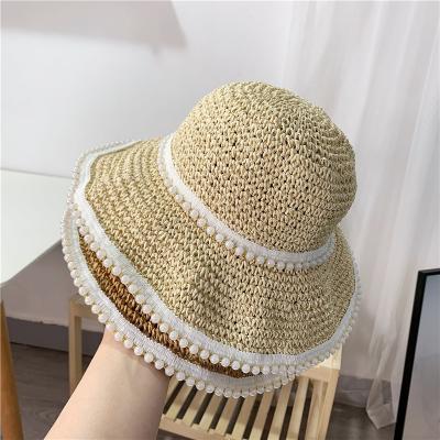 China Cozy Summer Sunshade Hat Thin Plain Crochet Straw Hat Woven Bead Lady Hand Hook Straw Hat for sale