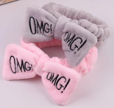 China Claw Hair Clip New Oh My God Letter Bow Hairband Makeup Coral Soft Fleece Bow Soft Towel Spa Headband for sale