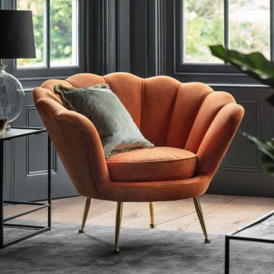 China Misty Burnt Orange Velvet Lounge Sofa Sitting Armchair Barrel Arm Comfortable Retro Style Accent Contemporary Armchair Retro Style Chairs For Living Room for sale