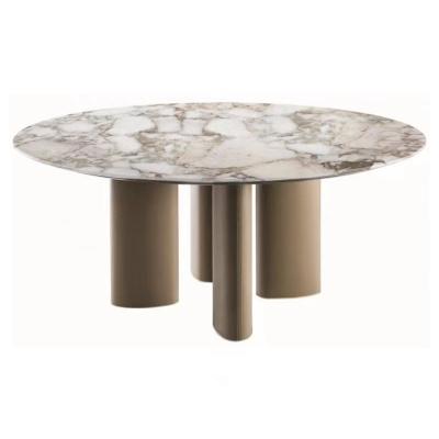 China 60 Inch Fashionable Hot Sale Modern Round Marble Dining Table Set Metal 8 Seater Brushed Table For Dining Room for sale