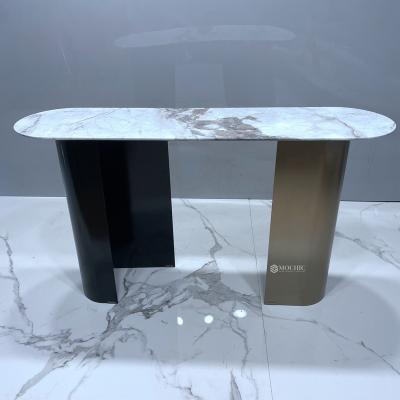 China Modern Luxury Marble Console Gold Single Leg Behind Couch Table Entry White Marble Top Grand Console Table For Living Room For Villa for sale