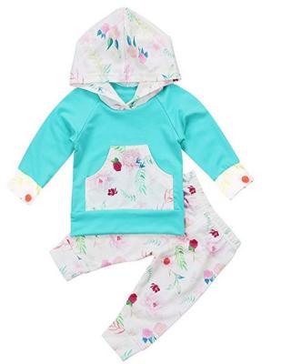 China Breathable Babies Long Sleeve Flowers Hoodie Top And Pants Outfit With Kangroo Pocket for sale