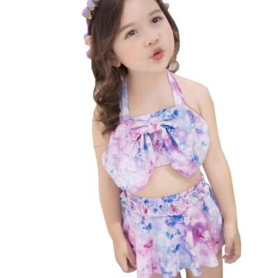 China Breathable Girls Bowknot Swimwear Halter Neck Bikini Set Purple Children's Swimsuit Fantasy Children's Swimwear for sale