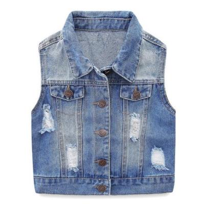 China Chic Girls Breathable Jean Single Breasted Vest Blue Sleeveless with 2 Fake Pockets and Stylish Button Decoration for sale