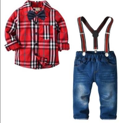 China Top + Pants Sets Babies Boy Red Matching Outfits Suits, Long Pants+Bow Infant Plaid Shirt+ Denim Long Sleeve Tie Overall Clothes Set for sale