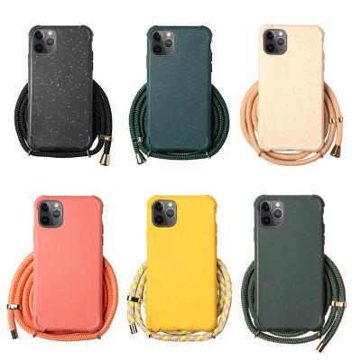 China Shockproof Cross - Body Wheat Straw Biodegradable Phone Case With Strap Cell Phone Case With Lanyard Neck Strap For iPhone 13 for sale