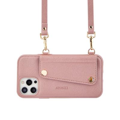 China Shockproof Luxury Cross - Body Mobile Case With Card Holder Collar PU Leather Phone Case With Strap Back Covers For iPhone 13 12 Pro Max for sale