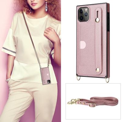 China Shockproof Hands Free Fashion Leather Cross - Body Collar Phone Case With Card Slot Holder For iPhone 13 pro Max With Wrist Strap for sale